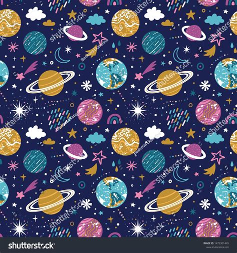 Vector Space Seamless Pattern With Planets And Stars Bright Repeated