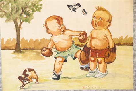 Vintage Painting Children Boxing In Kewpie Style