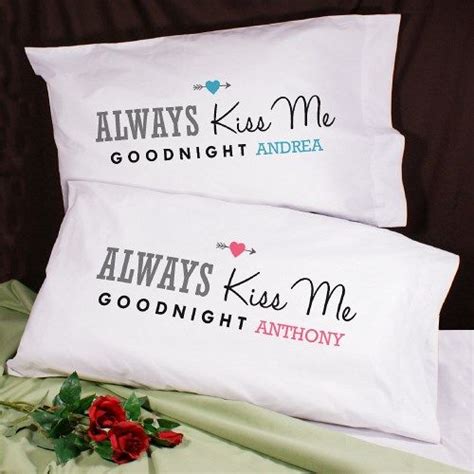 Two Pillows That Say Always Kiss Me And Goodnight With Roses On The Pillowcases