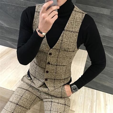 Mens High Quality Woolen Formal Style Vest W Plaid Design Plaid Vest