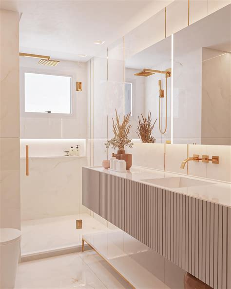 Banheiro Contempor Neo Branco E Dourado Com Filetes Jardim Vertical E