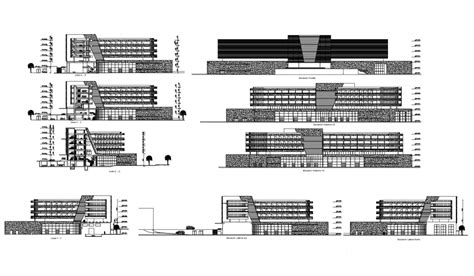 Multi Story Luxuries Hotel Building All Sided Elevation And Section Cad
