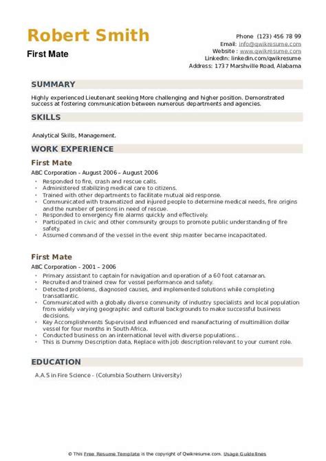 The chief mate on a merchant vessel is an indispensable member of the ship's crew, being as he is responsible for overseeing the safety and security of the ship, and answerable to the ship's captain in these respects. Gudskjelov! 24+ Vanlige fakta om Sample Of Chief Mate Resume: Also, take a look at the premium ...