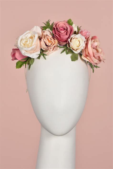 Rose Flower Crown Headpiece In Vintage Pink Blush And Ivory