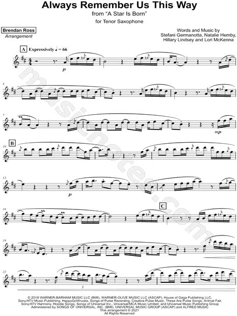 Brendan Ross Always Remember Us This Way Sheet Music Tenor Saxophone Solo In B Minor