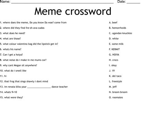 Meme Crossword Worksheet Wordmint