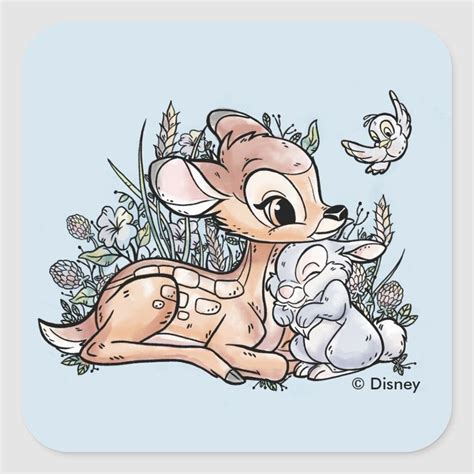 Bambi Thumper Sitting In The Flowers Square Sticker Zazzle Bambi And Thumper Bambi Art
