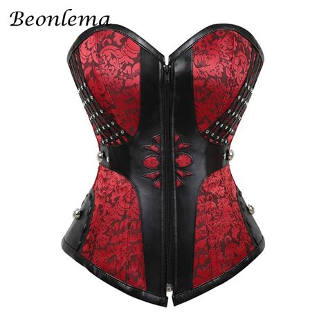 beonlema gothic women corset sexy bustiers steampunk faux leather corsets lacing up black red