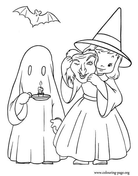 Happy halloween coloring page with cute cat. Halloween - Halloween costumes of witch and ghost coloring ...