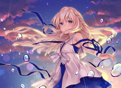 Download 1366x768 Anime Girl Blonde Long Hair Dress Raining