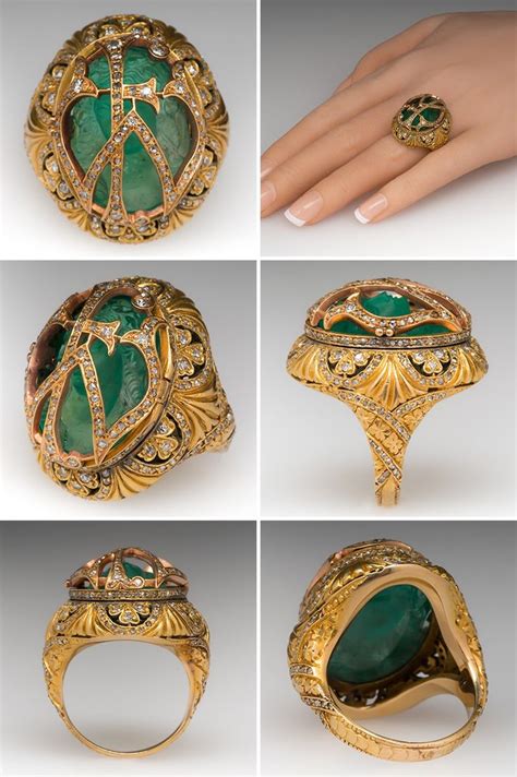 Victorian Era Carved Maiden Emerald Cameo Gold Ring Rings Cameo