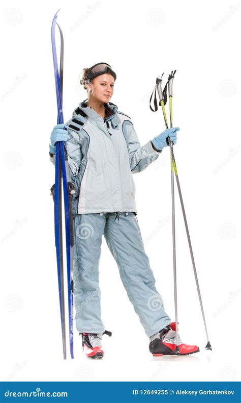 Winter Nice Girl With Sports Suit And Skis Stock Image Image Of Enjoy Person 12649255