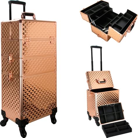Aluminum Rolling Cosmetic Makeup Train Case Trolley 4 Removable Wheels Professional Artist