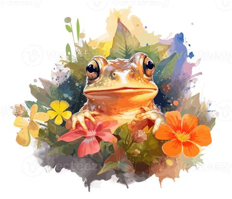 Adorable Baby Frog With Flowers Watercolor Generative Ai 23657946 Png