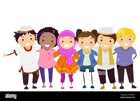 Illustration Of Stickman Kids With Some Kids Wearing Hijab And Taqiyah