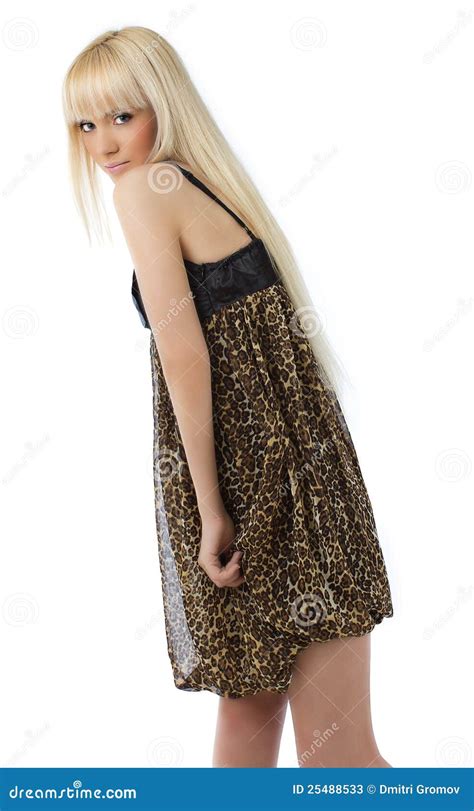 Girl With Long Blond Hair In Leopard Dress Stock Image Image Of Standing Pose 25488533