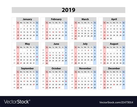 Calendar 2019 Week Starts From Sunday Business Vector Image