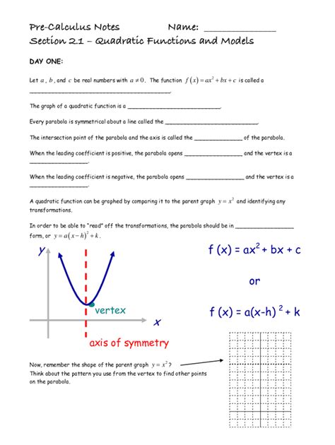 Fillable Online 212 Quadratic Functions And Their Graphs Review