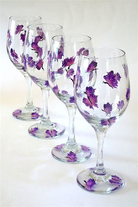 Set Of 4 Hand Painted Wine Glasses Purple Butterflies Hand