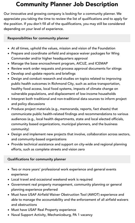 Community Planner Job Description Velvet Jobs