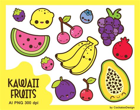 Kawaii Fruits Clipart Cute Fruits Clip Art Kawaii Food Etsy Kawaii