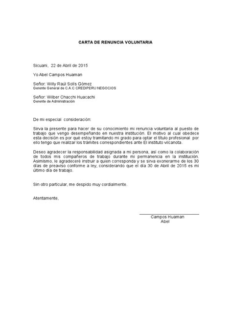 39 Carta De Renuncia Voluntaria De Trabajo Bolivia Civiahona