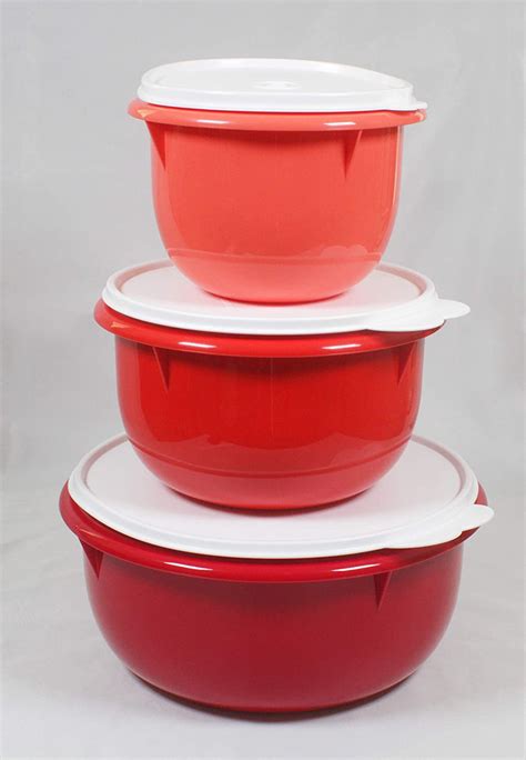 Tupperware Mixingsalad 3 Pc Bowl Set Maroon Red Orange Wwhite