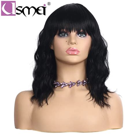 Usmei Heat Resistant Hair Short Shoulder Natural Wavy Synthetic Wigs Neat Bangs 1 Cosplay