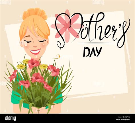 Mothers Day Greeting Card Beautiful Woman Holding A Bouquet Of Flowers Cute Cartoon Character