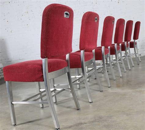 Six Art Moderne Streamline Stainless Steel Railroad Dining Chairs By