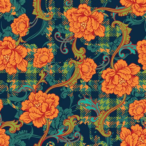 Eclectic fabric plaid seamless pattern with baroque ornament. 289439 ...