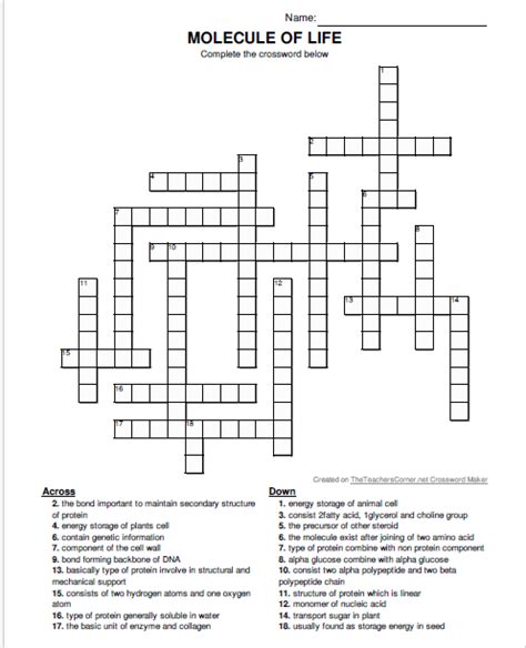 Fun World Of Biology Crossword Puzzle Molecules Of Life