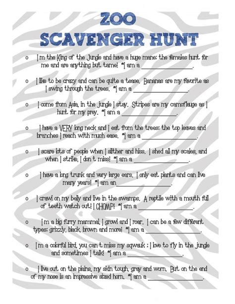 Scavenger Hunt Questions For Adults Zoo Scavenger Hunts Scavenger Hunt