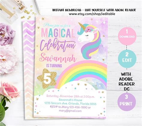 Paper And Party Supplies Editable Instant Download Unicorn Birthday