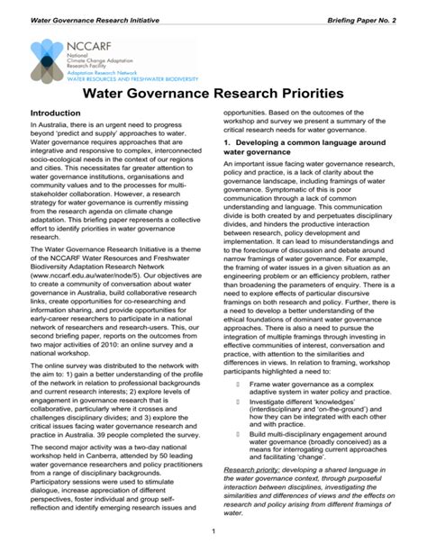 Water Governance Research Priorities Introduction