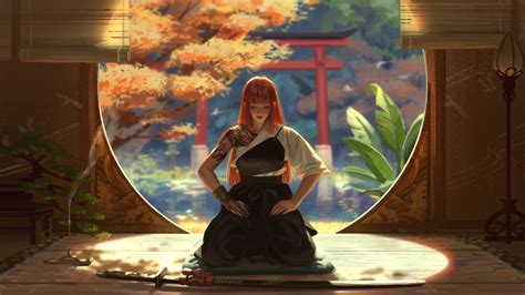 Download Warrior Anime Redhead With Katana Art 1920x1080 Wallpaper