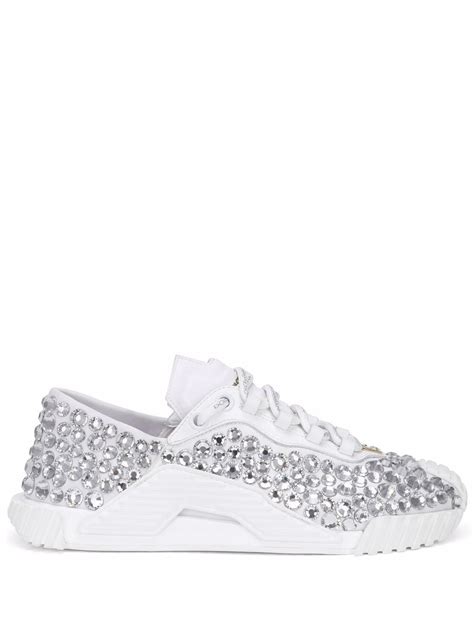 Dolce And Gabbana Crystal Embellished Lace Up Sneakers In White Modesens