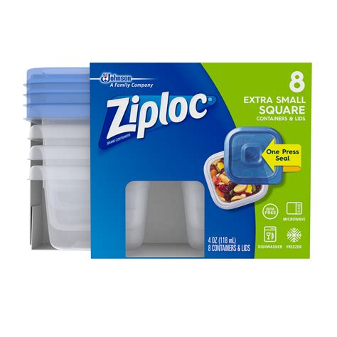 Ziploc® containers come in all shapes and sizes, each with a unique ability to seal, lock, stack, nest and travel with ease. Ziploc 8 CT Extra Small Square Container, 4 oz. Each, One Press Seal Plastic Storage Container ...