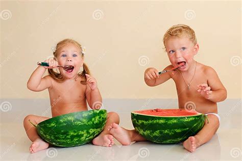 Funny Kids Eating Watermelon Stock Photo Image Of Beautiful