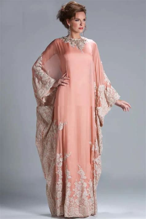 Abaya Muslim Moroccan Dubai Kaftan Dress Arabic Evening Dress 2015 Long Sleeve Appliques Peach
