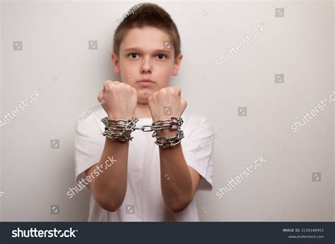 Boys Hands Wrapped Metal Chain Restraining Stock Photo 2126188451