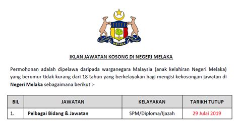 Juga dikenali sebagai melaka negeri bersejarah atau negeri hang tuah). Jawatan Kosong di Negeri Melaka - Kelayakan SPM/Diploma ...
