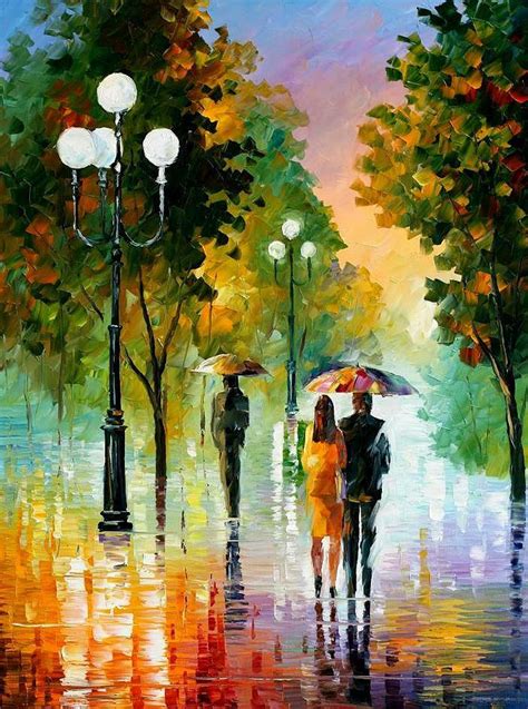Evening Stroll Under The Rain Palette Knife Oil Painting On Canvas By