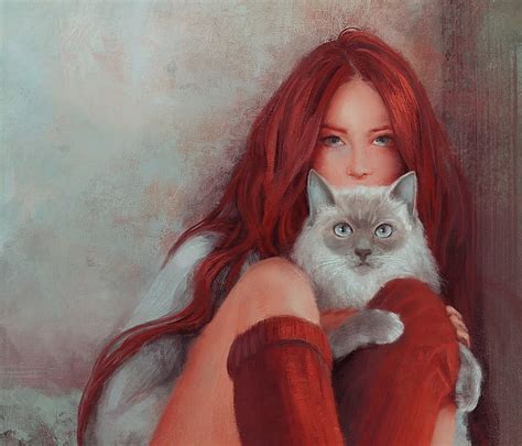 Redhead With Cat Art Fantasy Luminos Girl Redhead Mandy Jurgens
