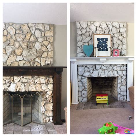 The fireplace we're whitewashing is unpainted brick. Whitewashed stone fireplace | Whitewash stone fireplace ...