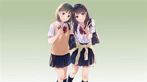 2girls Blush Browneyes Brownhair Gradient Green Kneehighs Longhair