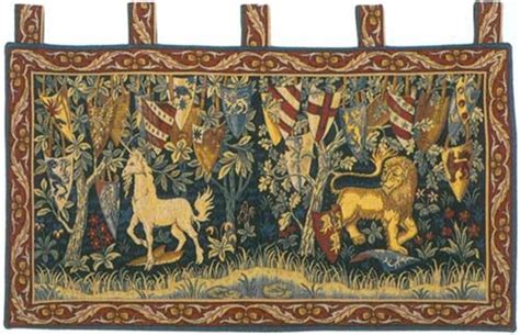Portiere licorne and lion french wall tapestries. Lion et Licorne Unicorn Heraldiques French Wall Tapestry ...