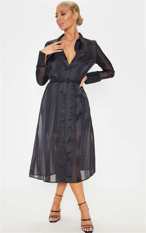 Black Satin Midi Shirt Dress Dresses Prettylittlething Ca