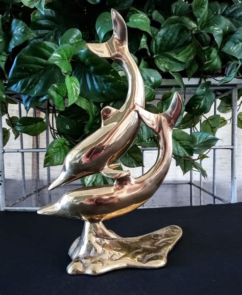 Large Brass Double Dolphin Statue Polished Brass Figurine Etsy