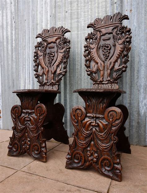 These arm chairs came wet so we had to wear a ventilator and gloves to unpack and store in the heated garage for a couple of weeks until the smell went away. Antique Italian Carved Oak Sgabello Chairs, Set of 2 for ...